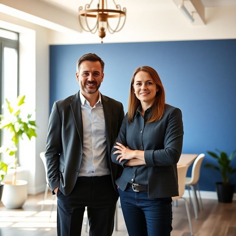 Dvě osoby v plzeňském co-workingovém prostoru s indigovou stěnou